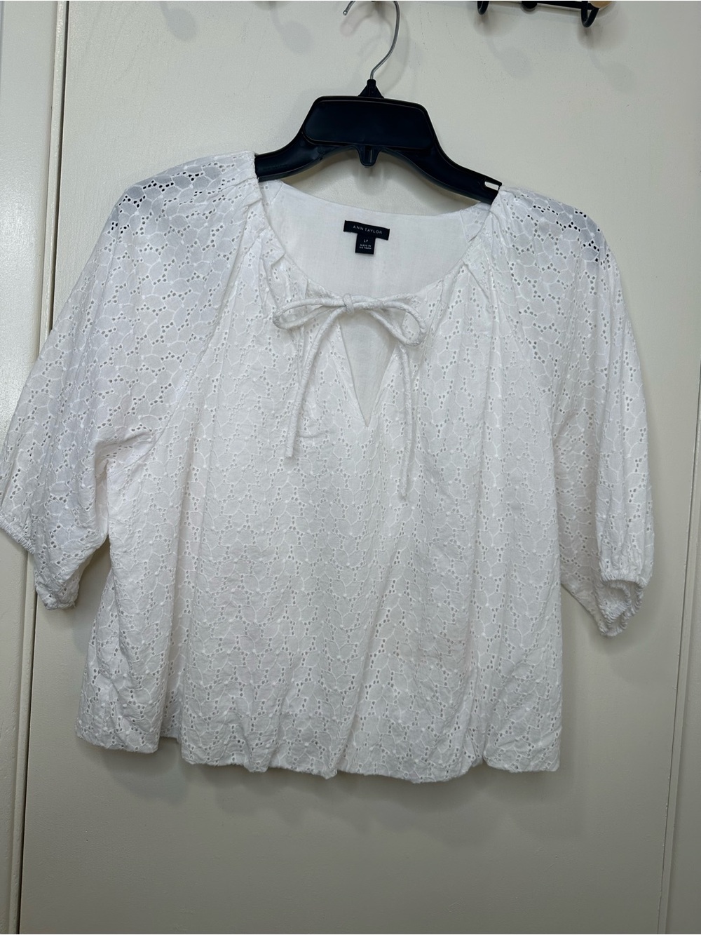 Ann Taylor White Eyelet Cropped Tie-Front Blouse- Great work or vacation top. LP